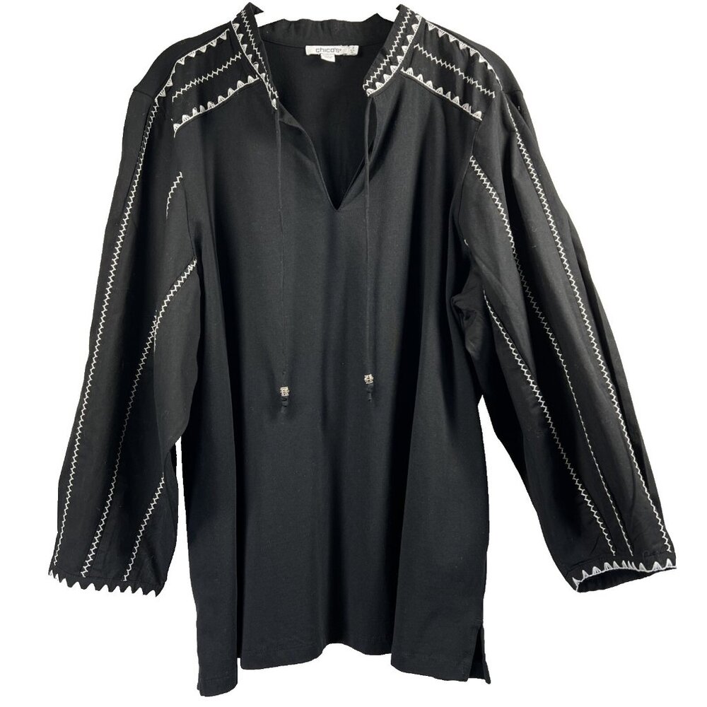 Chicos‎ Top Blouse XL Solid Black White Embroidered Balloon Sleeve Bohemian